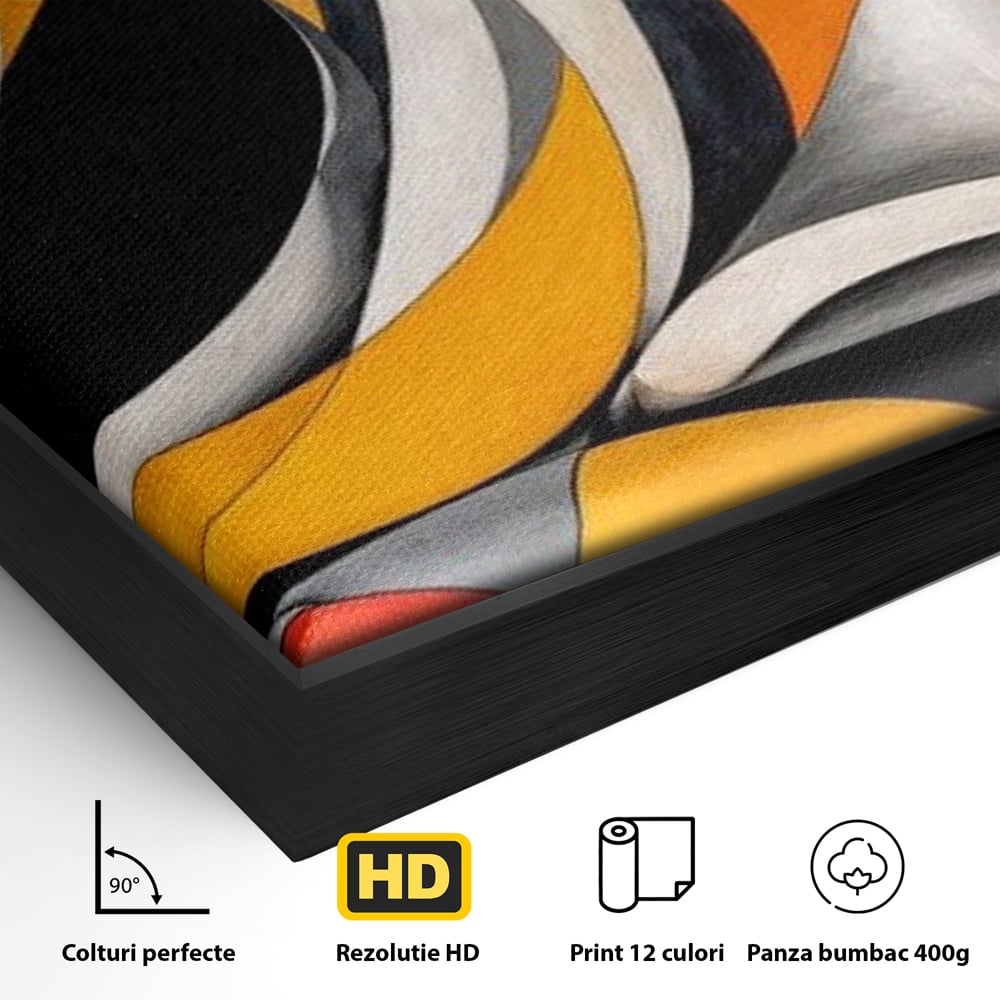 Detaliu al suprafetei: tablou canvas cu caine stilizat in forme geometrice, in rama de aluminiu negru